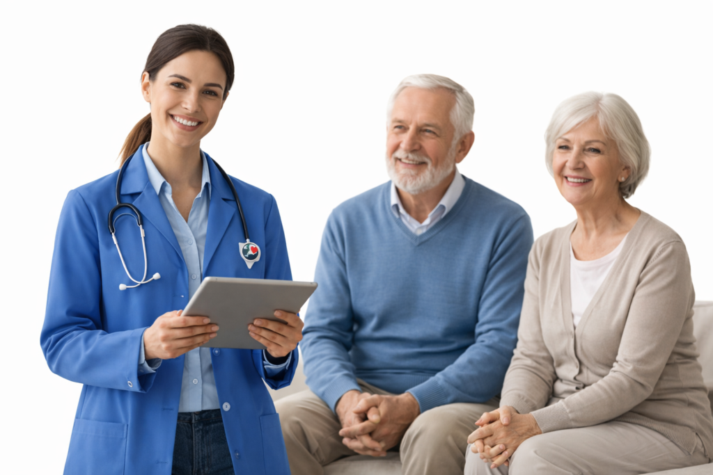 Profissional de saúde atendendo casal de idosos com tablet e uniforme azul da Cuidar de Você