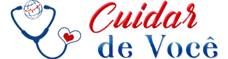 Logotipo minimalista da 'Cuidar de Você' em azul e vermelho sobre fundo branco, mostrando um estetoscópio que forma um coração e envolve um globo com batimentos cardíacos.