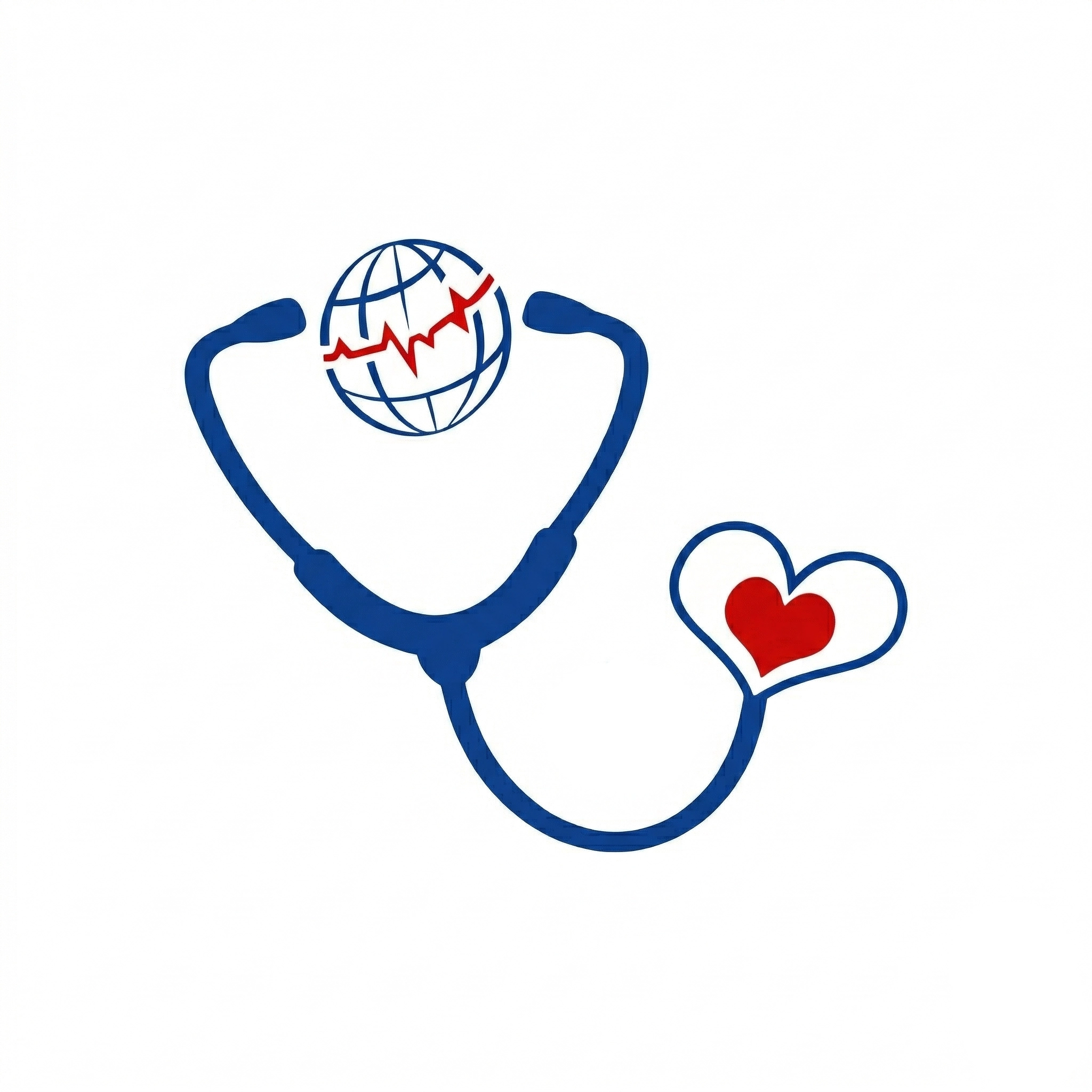 Logotipo minimalista da 'Cuidar de Você' em azul e vermelho sobre fundo branco, mostrando um estetoscópio que envolve um globo com batimentos cardíacos e termina em um coração.
